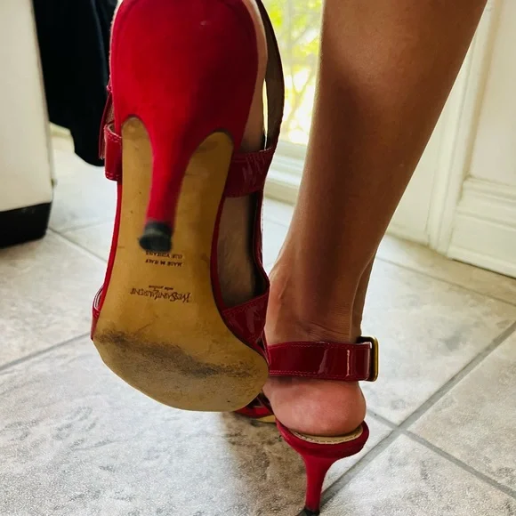RED YSL Patten Leather & Suede mix high heels sandals. Open Toe, Slingback - Picture 16 of 16
